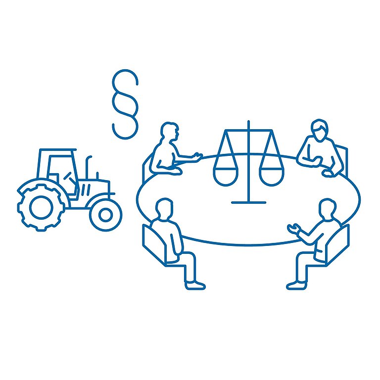 Icon_Genossenschaftsidee Grafik von vier Personen an einem runden Tisch, daneben symbolisch ein Traktor und ein §-Zeichen.