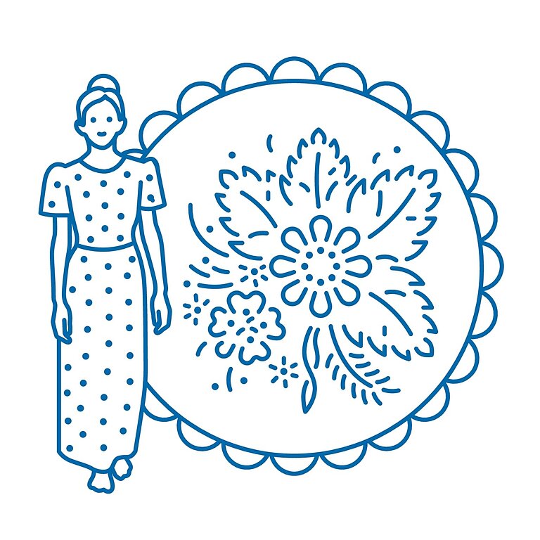 Icon_Blaudruck Grafik einer Person neben einem runden, bedruckten Stofftuch.