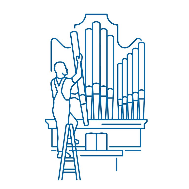 Icon_Orgelbau Grafik von einer Person auf einer Leiter neben einer Orgel.
