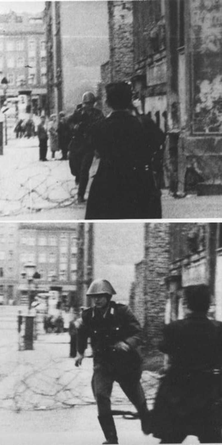 Fotostrecke der Flucht von Conrad Schumann aus der DDR. Das Foto mit dem Titel Sprung in die Freiheit über eine Stacheldrahtrolle gehört als Medienikone zu den bekanntesten Bildern des Kalten Krieges.