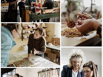 Collage mit mehreren Szenen aus Handwerkswerkst&auml;tten: Menschen beobachten und erl&auml;utern traditionelle Arbeitstechniken, bearbeiten kleine Werkst&uuml;cke und arbeiten gemeinsam an einem Schmiedefeuer.