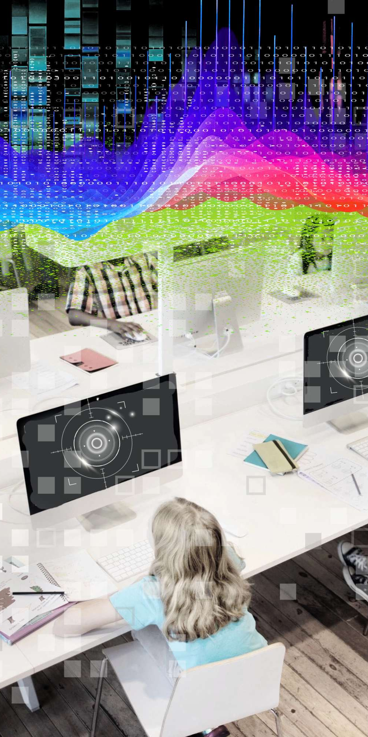 Students at computers with screens that include a representation of a retinal scanner with pixelation and binary data overlays and a brightly coloured datawave heatmap at the top.