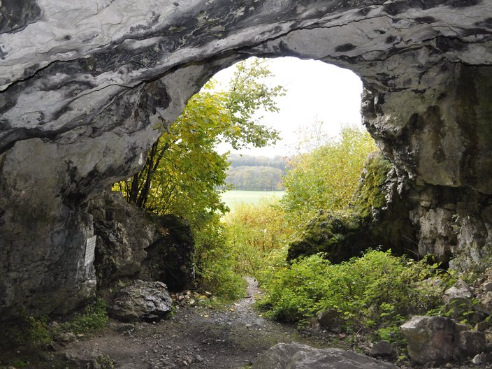 Blick nach außen durch die vordere Öffnung der Bocksteinhöhle im Lonetal auf der Schwäbischen Alb