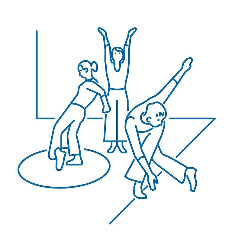 Icon_Moderner_Tanz Grafik von drei Personen beim Modernen Tanz in verschiedenen Körperhaltungen.