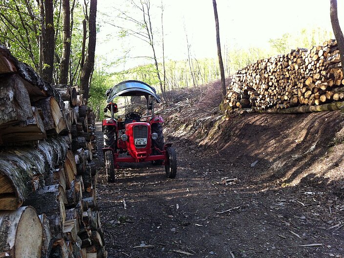 Ein Traktor steht auf einem Feldweg. Links daneben liegt aufgestapeltes Heckenholz