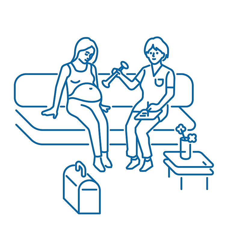 Icon_Hebammenwesen Grafik von einer schwangeren Person und einer Hebamme auf einem Sofa sitzend.