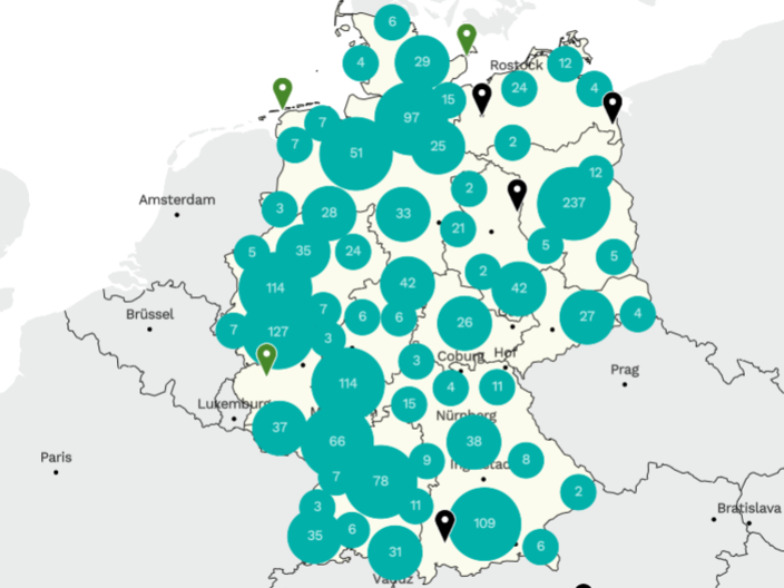 Akteurskarte Deutschlandkarte mit Pins für die BNE-Akteursprofile