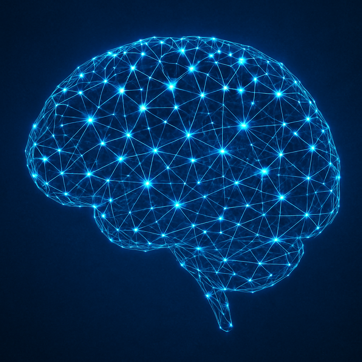 Gehirn als Neuronales Netz Ein blau leuchtendes Netz aus Punkten und Verbindungen, die zusammen den Umriss eines Gehirns ergeben