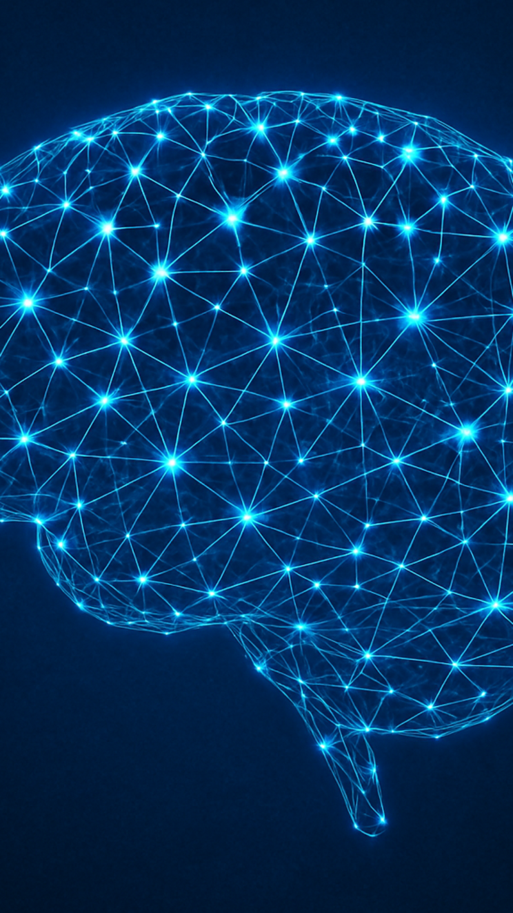 Gehirn als Neuronales Netz Ein blau leuchtendes Netz aus Punkten und Verbindungen, die zusammen den Umriss eines Gehirns ergeben