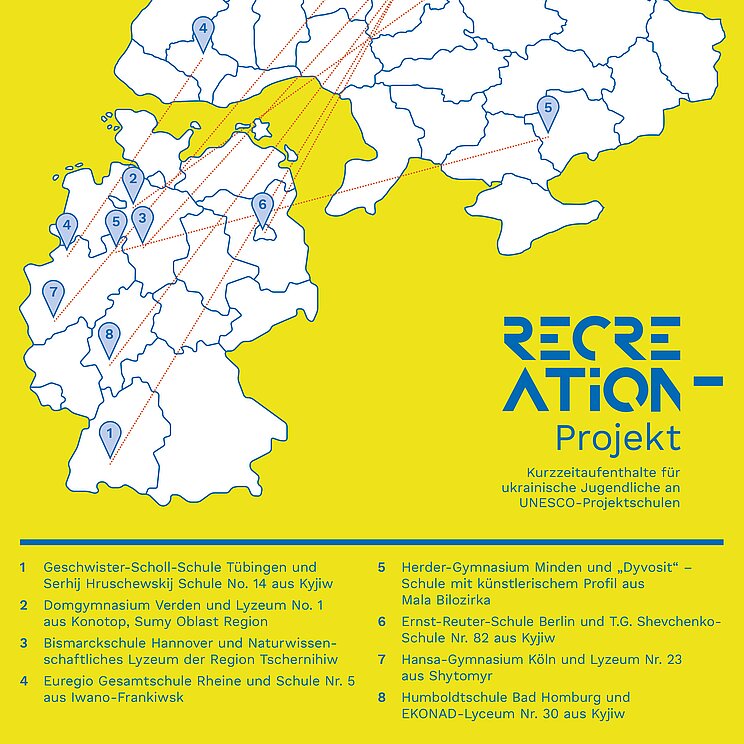Übersichtskarte der ersten Recreation-Projekte 2025 | © Deutsche UNESCO-Kommission Eine Karte, auf der die Umrisse von Deutschland und der Ukraine zu sehen sind. Die teilnehmenden Orte sind markiert und jeweils miteiander verbunden.