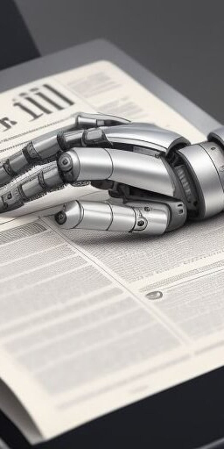 Symbolbild von Roboterhänden auf einer Zeitung - generiert durch den Deep-Learning-Text-zu-Bild-Generator Stable Diffusion Symbolbild von Roboterhänden auf einer Zeitung - generiert durch den Deep-Learning-Text-zu-Bild-Generator Stable Diffusion