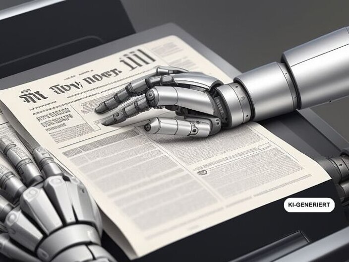 Symbolbild von Roboterh&auml;nden auf einer Zeitung - generiert durch den Deep-Learning-Text-zu-Bild-Generator Stable Diffusion