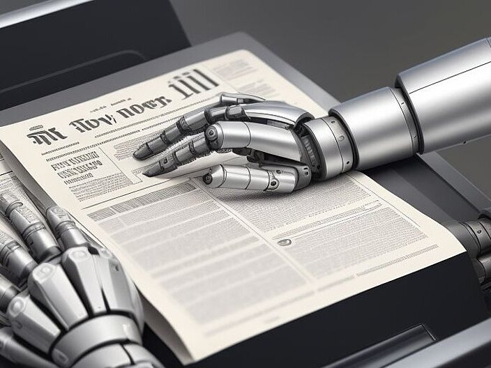 Symbolbild von Roboterhänden auf einer Zeitung - generiert durch den Deep-Learning-Text-zu-Bild-Generator Stable Diffusion