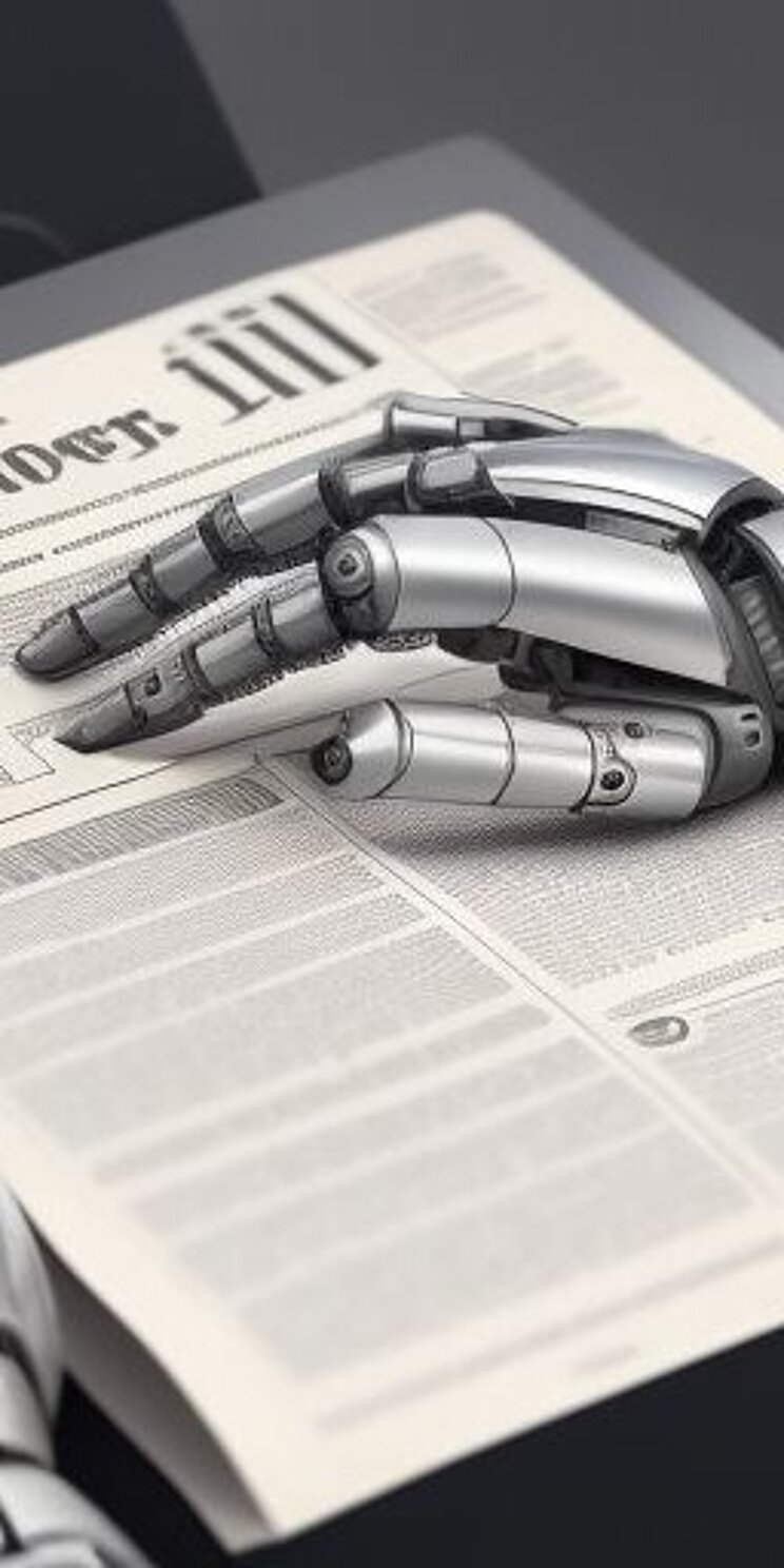 Symbolbild von Roboterhänden auf einer Zeitung - generiert durch den Deep-Learning-Text-zu-Bild-Generator Stable Diffusion