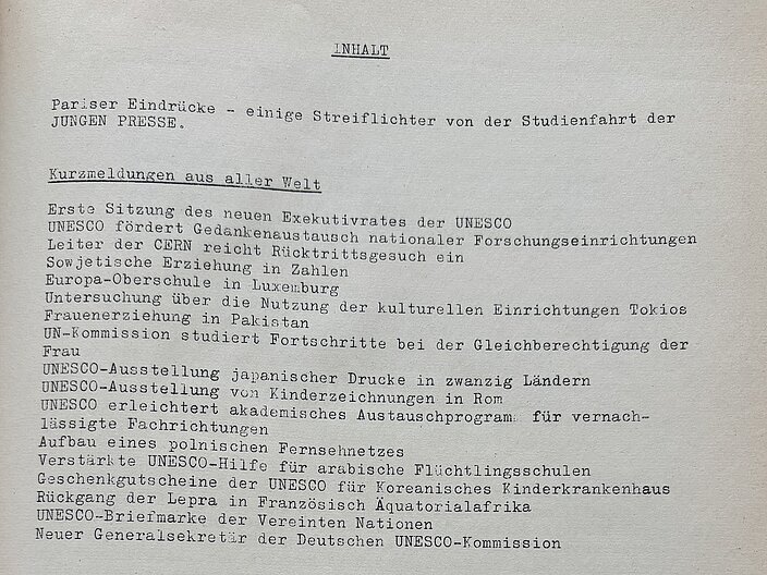 Inhaltsverzeichnis auf einer Schreibmaschine getippt