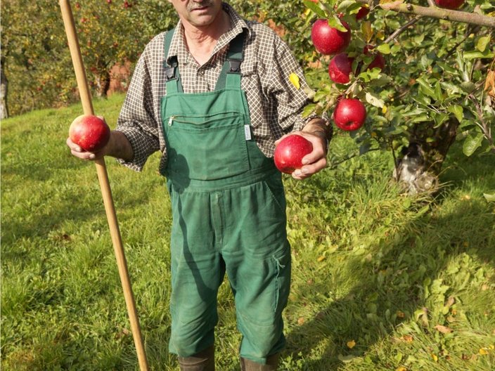 Bauer neben einem Obstbaum