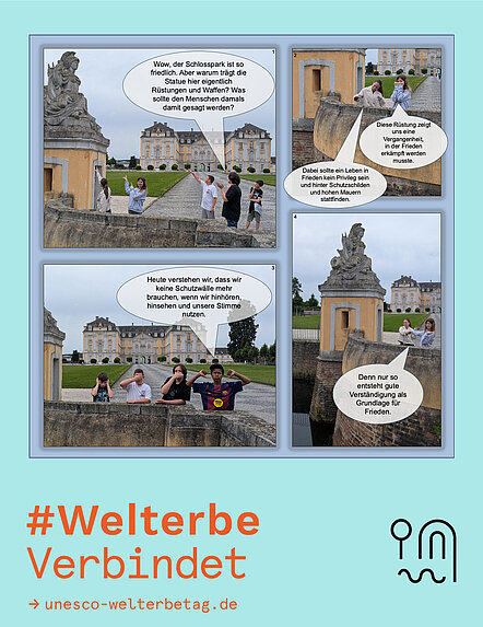 Fotowettbewerb #WelterbeVerbindet 2026 Sonderpreis "Foto-Comic" einer Schülergruppe vor Schloss Augustusburg in Brühl