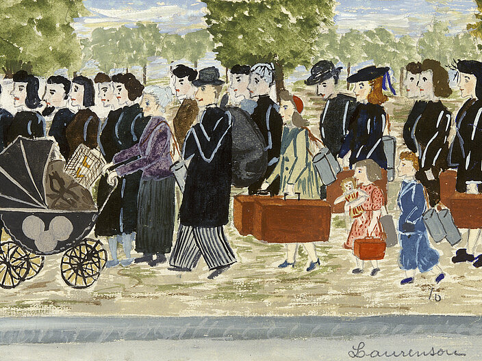 Kinderzeichnung einer Menschengruppe mit Kinderwagen und Gepäck, gemalt mit Buntstiften.
