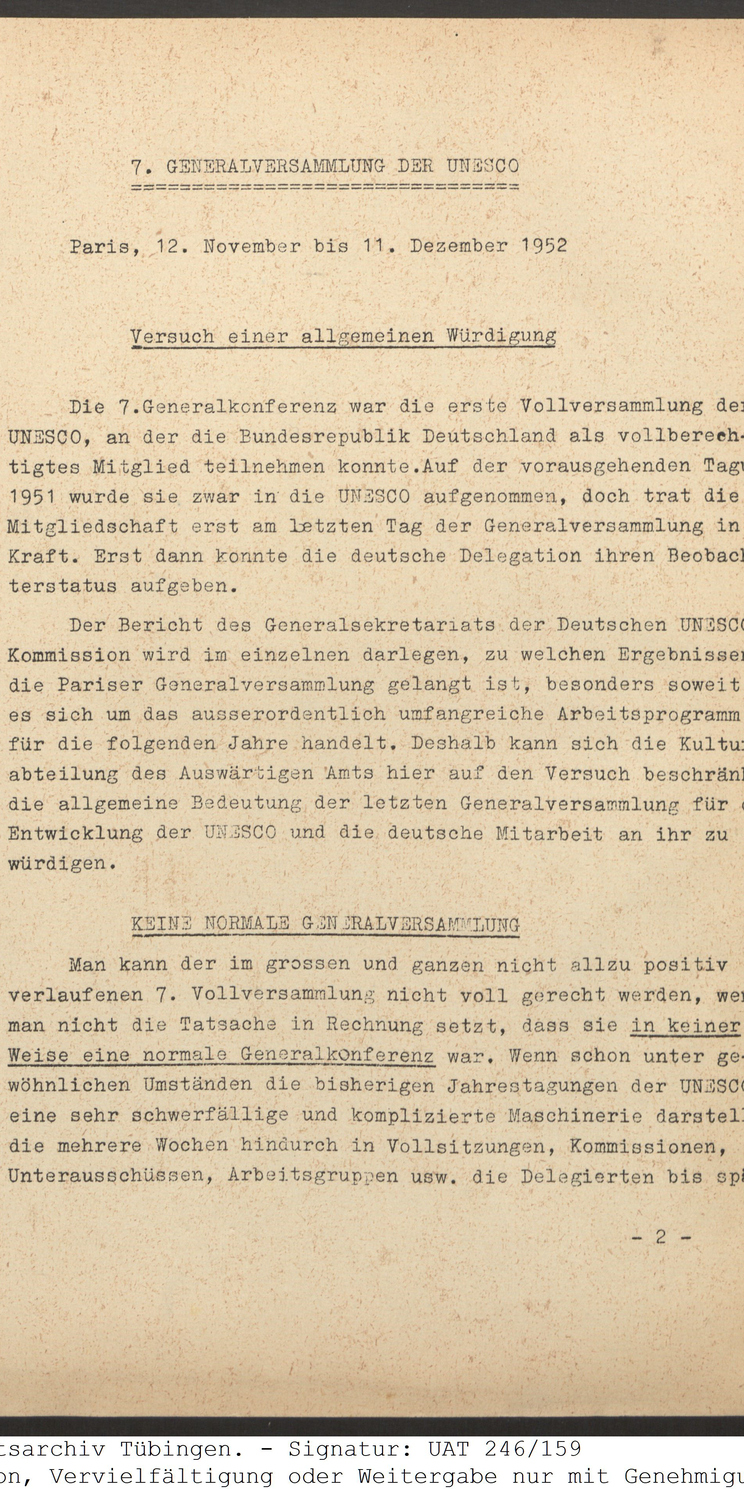 Die erste Seite des Delegationsberichts der BRD zur 7. UNESCO-Generalkonferenz