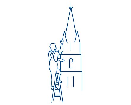 Icon_Bauhüttenwesen Grafik eines Menschen auf einer Leiter neben einem Kirchturm.