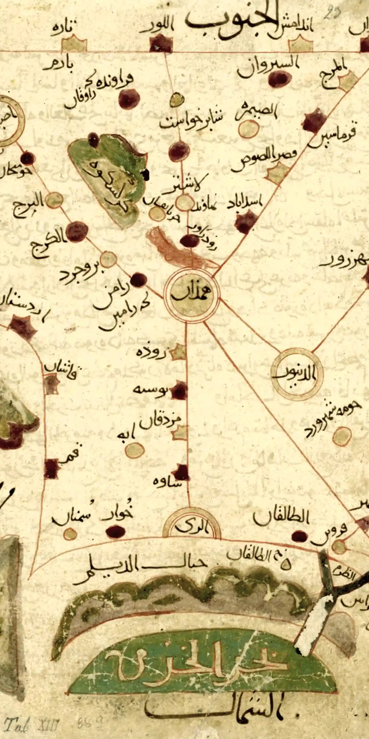 Handschriften des Buches al-Masalik wa-'l-mamalik, Karte von Quhistãn (104 – 52v) Handschriften des Buches al-Masalik wa-'l-mamalik, Karte von Quhistãn (104 – 52v)