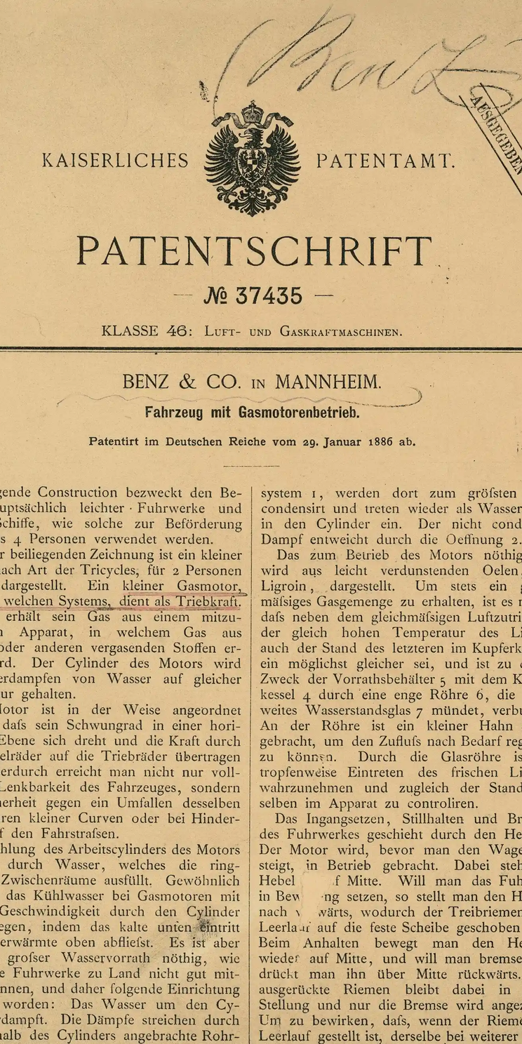 Das Benz-Patent von 1886 Benz Patentschrift No. 37435