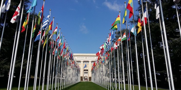 United Nations The UN headquarters in the background, with flagpoles in front.