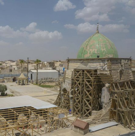 Al-Nuri-Moschee, Mosul_Kulturgutschutz Die stark zerstörte Al-Nuri-Moschee in Mosul im Wiederaufbau.