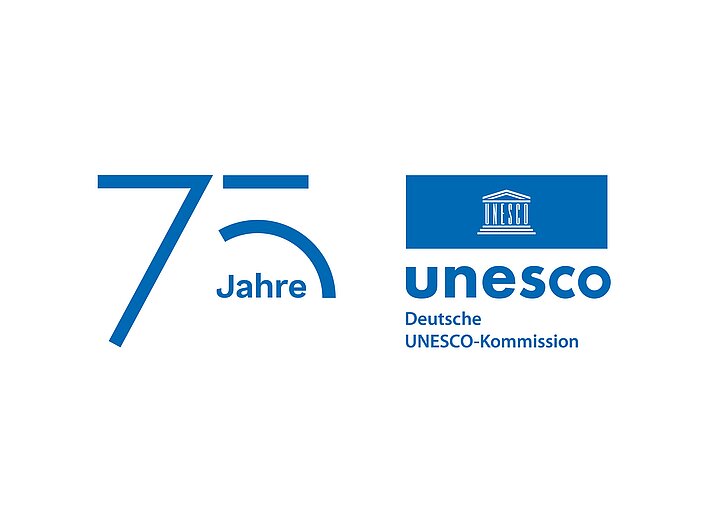 Logo 75 Jahre Deutsche UNESCO-Kommission Logo zum Jubiläum 75 Jahre Deutsche UNESCO-Kommission. Man sieht das normale Logo und eine blaue 75 daneben.