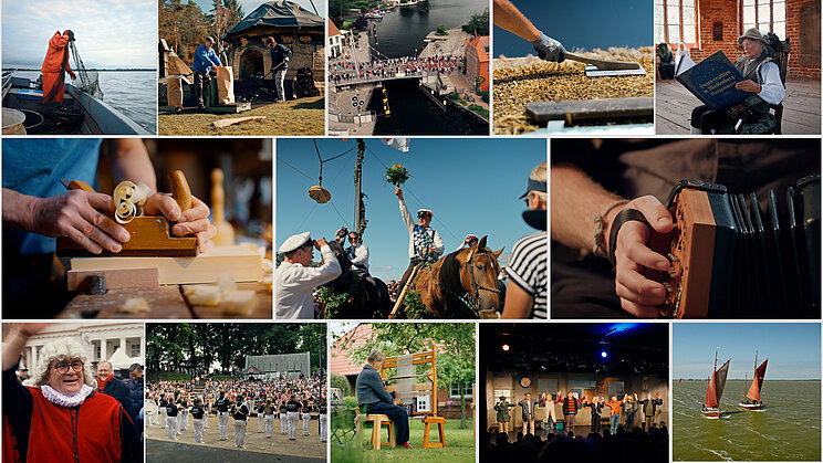 IKEFilm_HeimatverbandMecklenburg-Vorpommerne.V._RabaukeFilmproduktionUG Collage mit verschiedenen Beispielen gelebter Traditionen und kultureller Praktiken: Fischfang auf dem Wasser, traditionelles Handwerk, ein Fest an einer Schleuse, Getreideverarbeitung, eine lesende Person in historischer Umgebung, Holzbearbeitung, ein Festumzug mit Pferd, das Spielen eines Instruments, eine Person in historischer Kleidung, eine öffentliche Musikveranstaltung, Weben am Webstuhl, eine Theateraufführung und zwei traditionelle Segelboote.