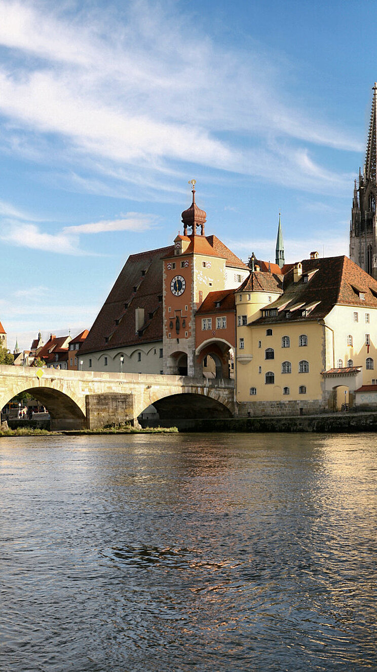 Regensburg Blick über die Donau auf die Stadtsilhouette von Regensburg mit der Steinernen Brücke