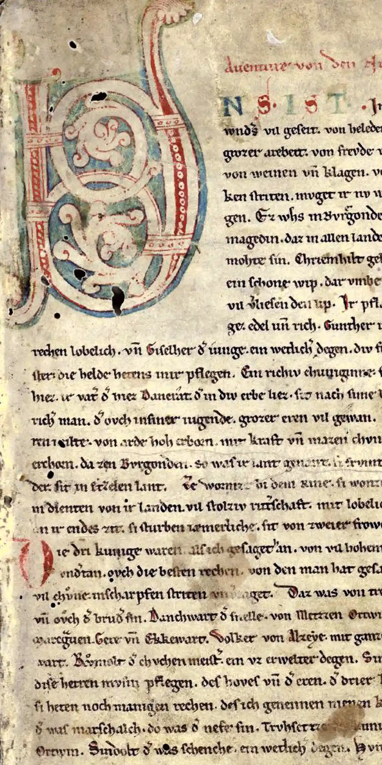 Das Nibelungenlied Nibelungenhandschrift C, Blatt 1r mit Exlibris von Laßberg, Cod. Donaueschingen 63, fol. 1r, Badische Landesbibliothek Karlsruhe Das Nibelungenlied Nibelungenhandschrift C, Blatt 1r mit Exlibris von Laßberg, Cod. Donaueschingen 63, fol. 1r, Badische Landesbibliothek Karlsruhe