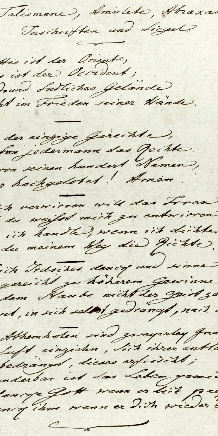 J. W. Goethe, Reinschrift „Talismane“, GSA 25/W 796 © Klassik Stiftung Weimar/Goethe- und Schiller-Archiv Erste Seite von J. W. Goethe Reinschrift „Talismane“, GSA 25/W 796