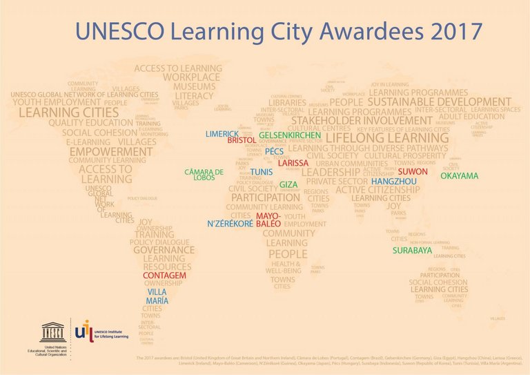 Übersicht der 2017 mit dem UNESCO Learning City Award ausgezeichneten Städte
