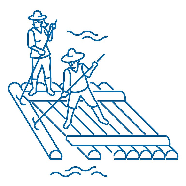 Icon_Flößerei Grafik von zwei Personen auf einem Holzfloß.