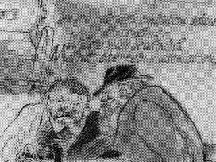 Schwarz-Weiß Zeichnung von zwei Kaufleuten. Darüber ein Schriftzug in Münstersche Masematte
