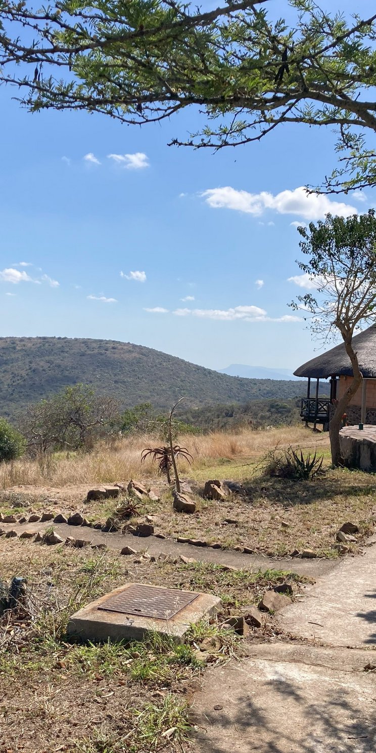 Blick auf Hütten und den Wald im Biosphärenreservat Lubombo in Eswatini 