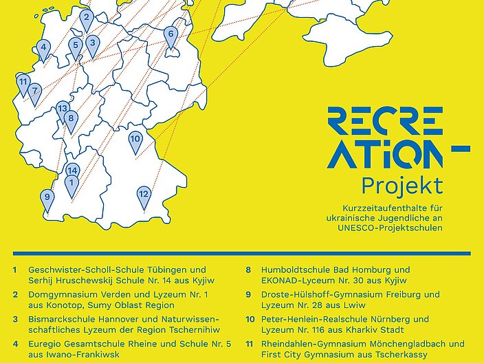 Übersichtskarte der Recreation-Projekte 2025 | © Deutsche UNESCO-Kommission Eine Karte, auf der die Umrisse von Deutschland und der Ukraine zu sehen sind. Die teilnehmenden Orte sind markiert und jeweils miteiander verbunden.