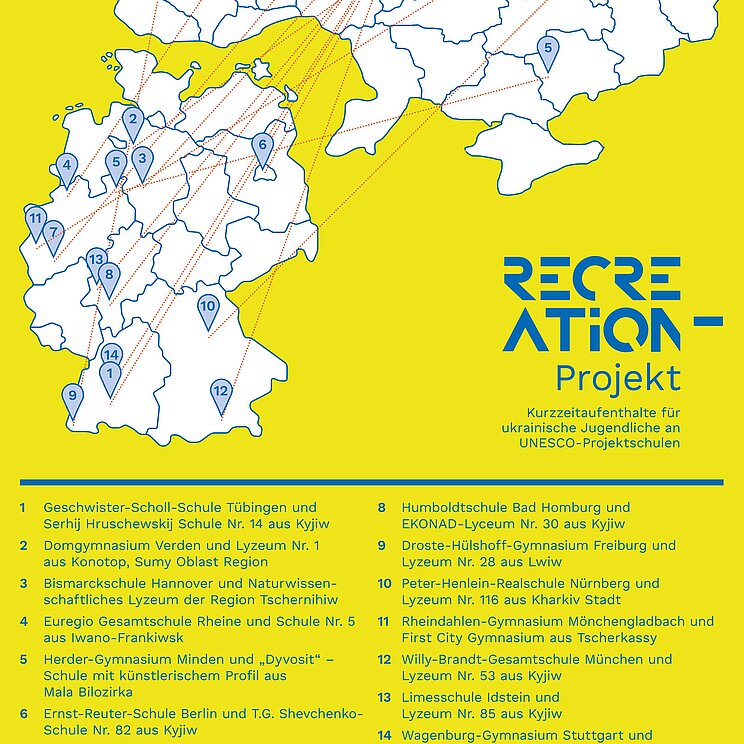 Eine Karte, auf der die Umrisse von Deutschland und der Ukraine zu sehen sind. Die teilnehmenden Orte sind markiert und jeweils miteiander verbunden. 