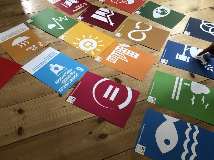 Auf diesem Foto sind Karten mit den SDGs zu sehen