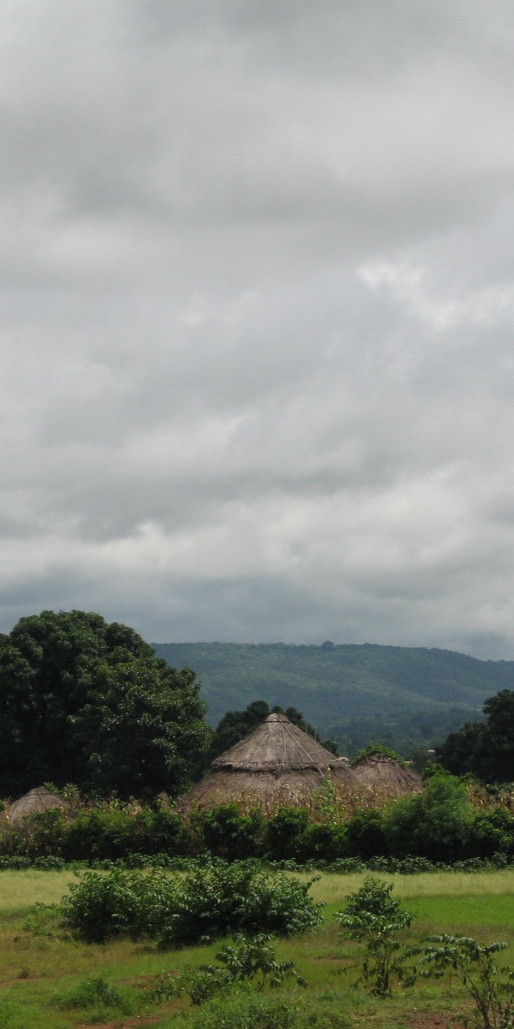 Ein Dorf mit großen, runden Häusern mit schilfartigem, spitzen Dach. Die Landschaft ist sehr grün. Im Hintergrund erkennt man grüne, mittelhohe Berge. 