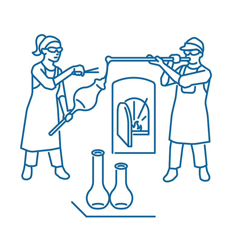 Icon_Glasfertigung Grafik von zwei Personen bei der Fertigung eines Glasgefäßes, im Hintergrund ein Ofen.