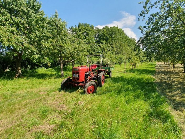 Traktor auf einer Streuobstwiese