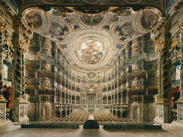 Blick von der Bühne in den Innenraum des Markgräflichen Opernhauses in Bayreuth, Gemälde von Gustav Bauernfeind 1879