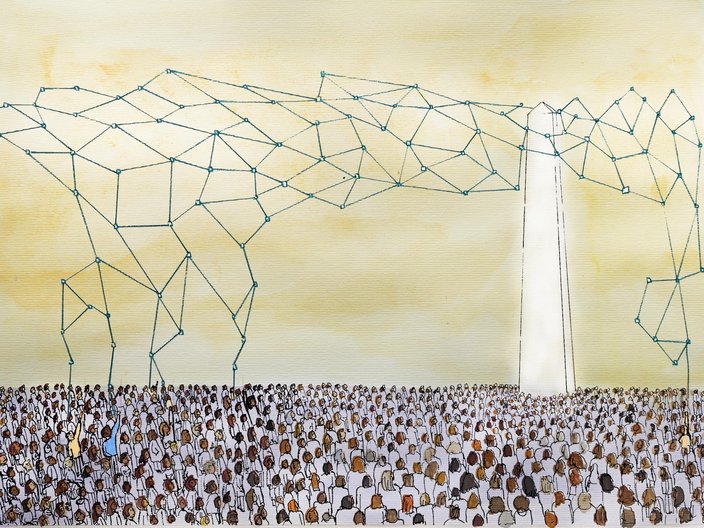 Ein neuronales Netz kommt aus der Spitze eines Elfenbeinturms, über den Köpfen einer Menge von Menschen. Einige von ihnen greifen nach oben, um zu versuchen, die Kontrolle zu übernehmen und das Netz zu sich herunterzuziehen. Aquarellierte Illustration.