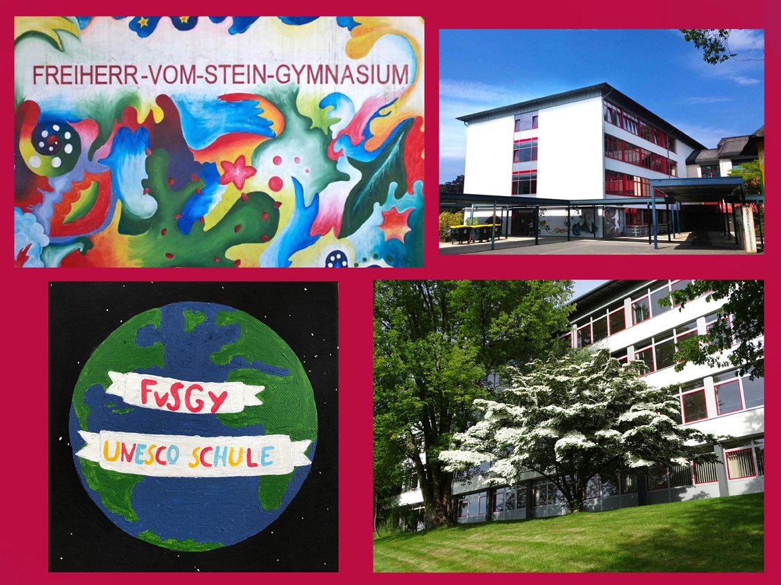 Collage des Gymnasiums unter anderem mit Aufnahmen des Schulgebäudes