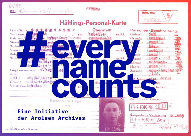 Key Visual der Initiative #everynamecounts der Arolsen Archives mit Häftlingspersonalkarte
