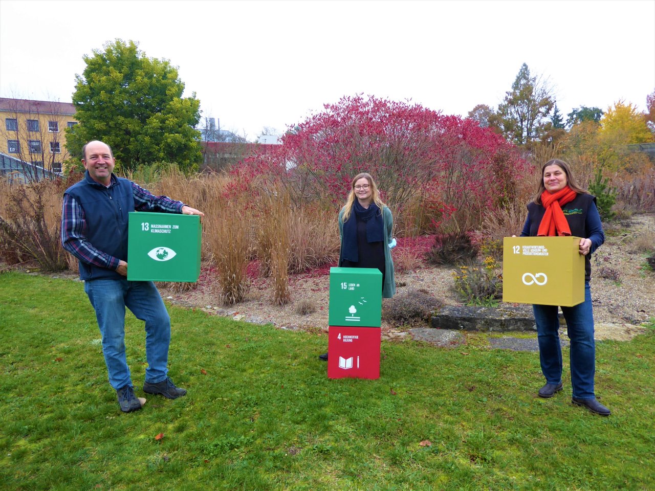 Das Kernteam des LehrLernGartens (LLG) im Botanischen Garten Würzburg zeigt einige der SDGs, die im Fokus der Bildungsarbeit im LLG stehen.