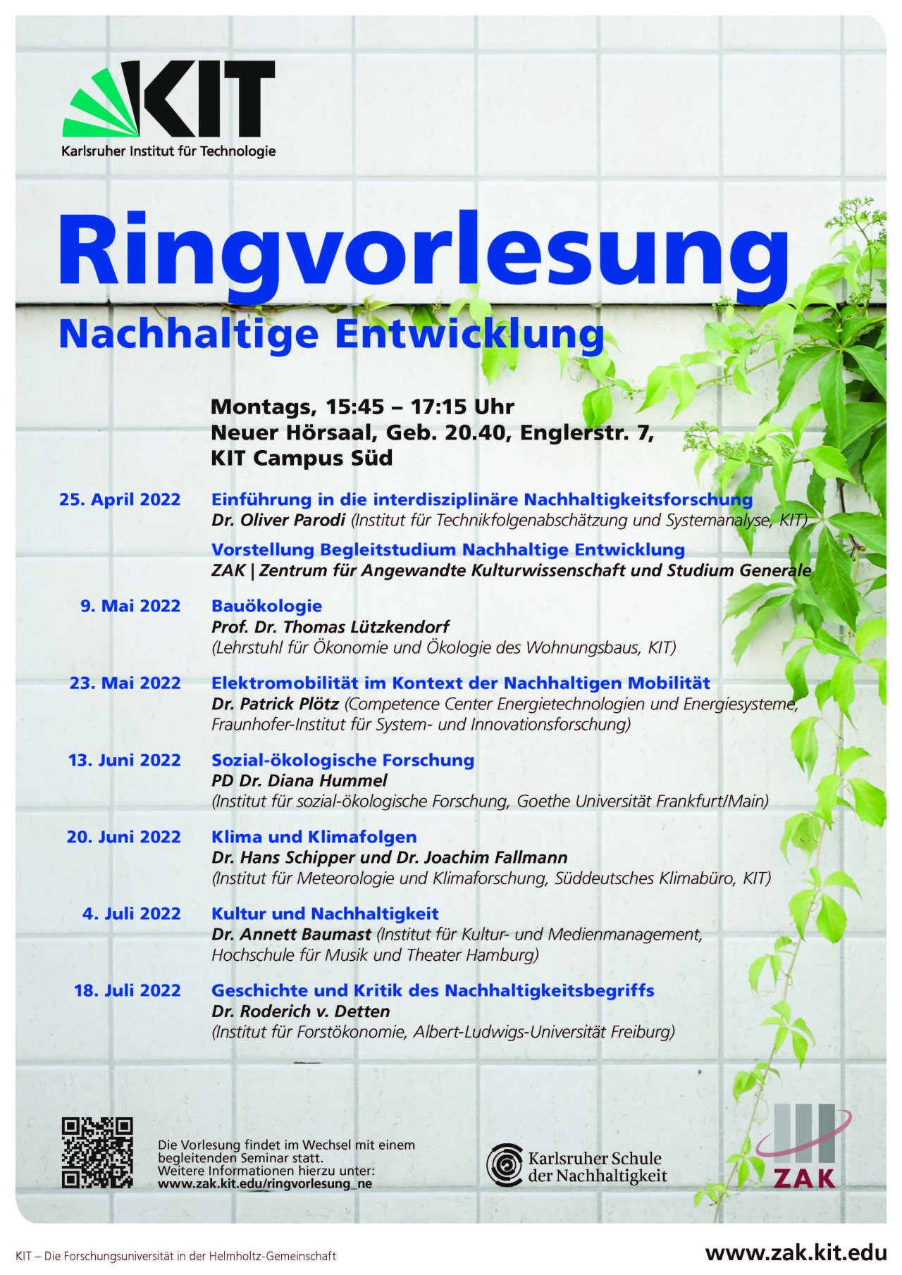 Plakat der Ringvorlesung Nachhaltige Entwicklung am KIT vom Sommersemester 2022 mit sieben Vorträgen über Nachhaltigkeitsforschung, Klima und Klimafolgen bis Kultur und Nachhaltigkeit 