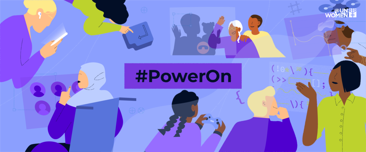 Die Grafik zeigt Darstellungen von mehreren Frauen, die sich mit digitalen Medien beschäftigen. In der Mitte steht der Kampagnenslogan "PowerOn"